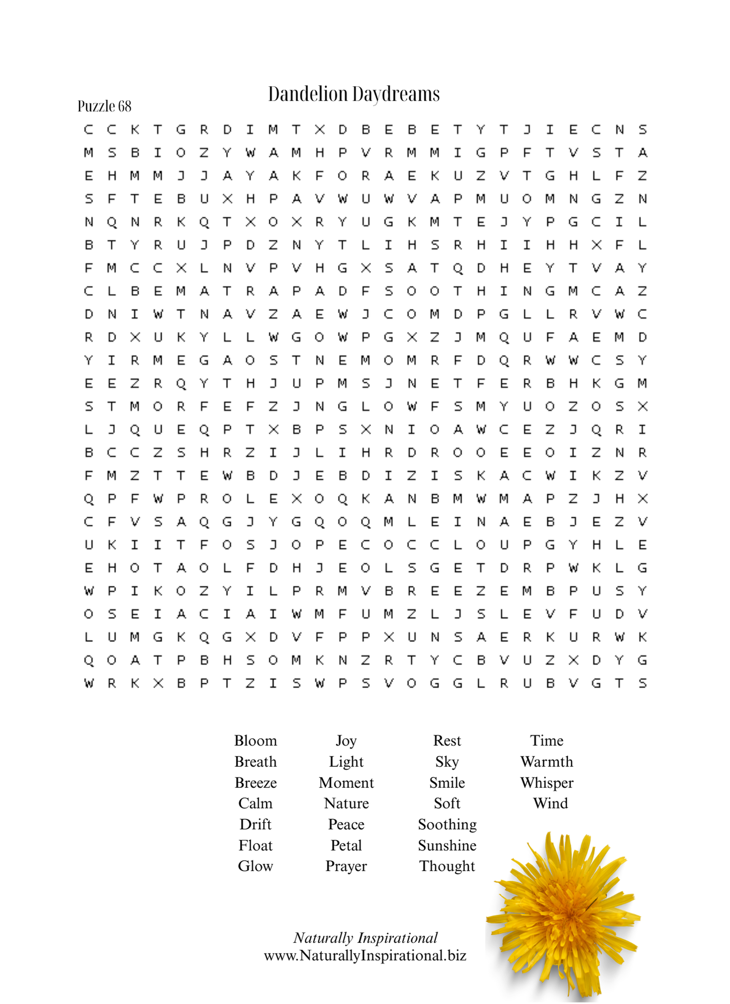 Word Search Dandelion Themed
